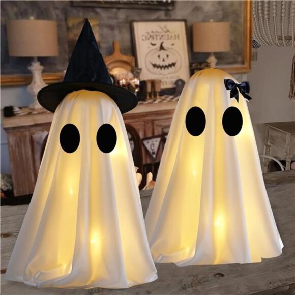 Set of 2 Light Up Halloween Ghost Decorations with Timer for DIY Spooky Display - Picture 2 of 7